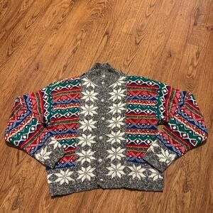 Vintage Liz Claiborne Red gray Christmas festive knit cardigan Small Cotton